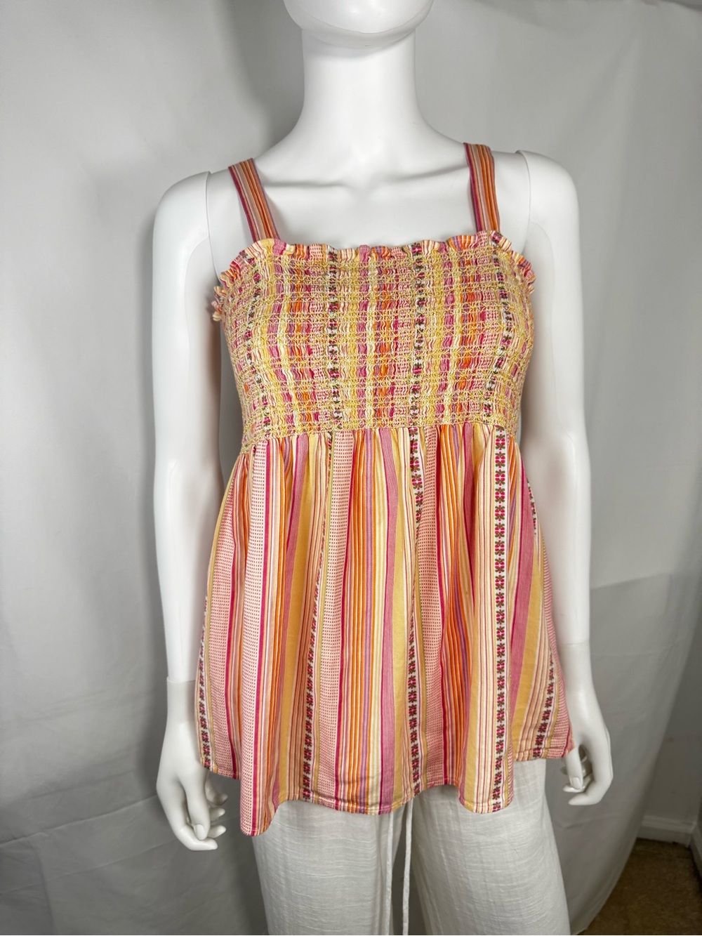 Motherhood Maternity Pink Orange Striped Smocked Babydoll Cami Top M